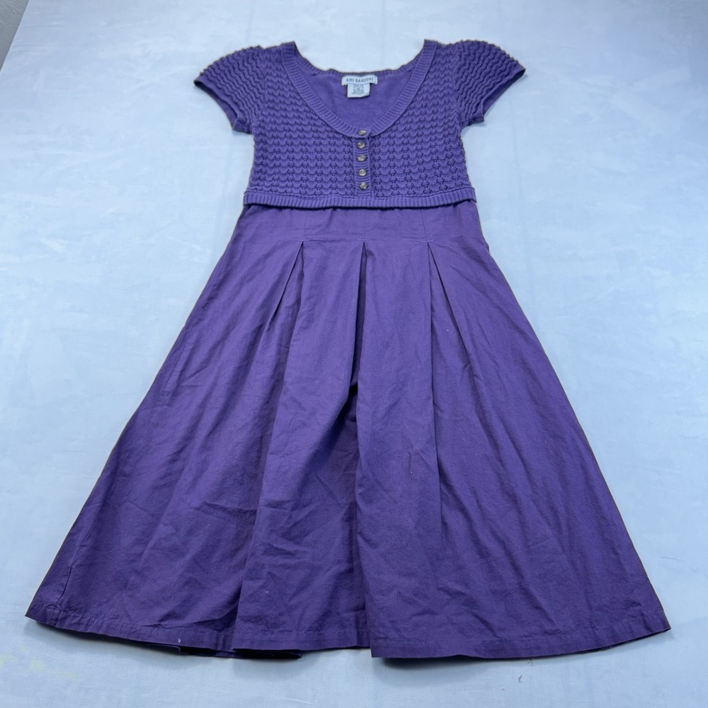 AMI Sanzuri Women's XS Purple Cotton Knit Bodice Pleated Midi Dress